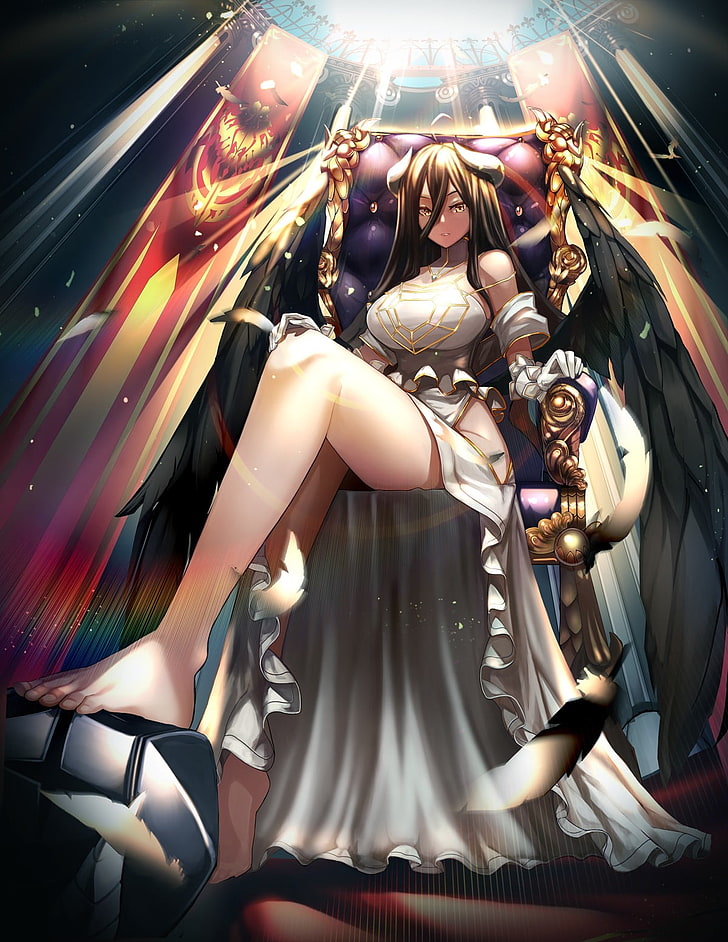 Overlord Albedo digital wallpaper, anime girls, dress, feet, horns