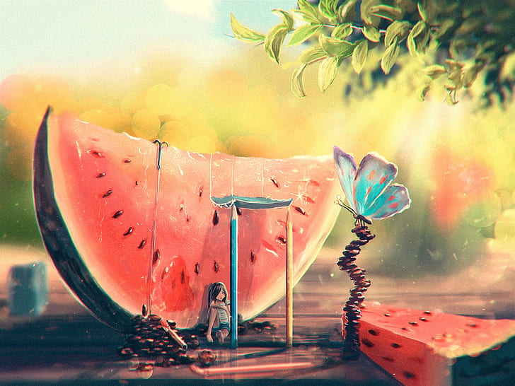 Summer, watermelon, girl, butterfly, art painting, HD wallpaper