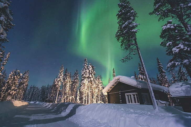 nature, aurorae, skyscape, winter, snow, cottage, landscape, HD wallpaper