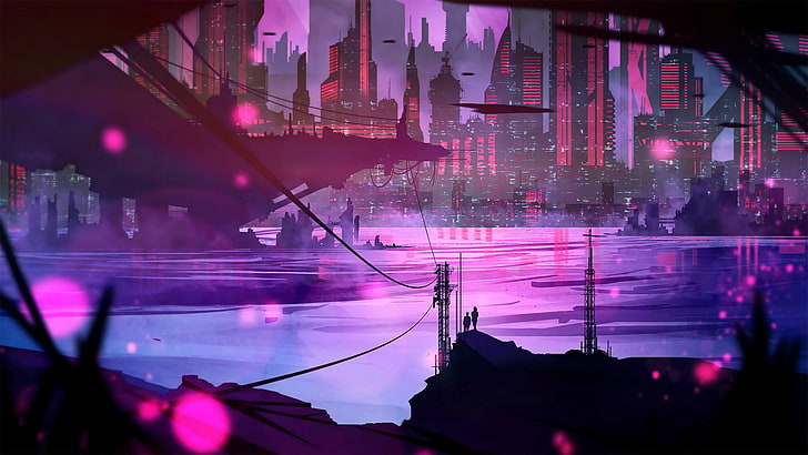 red and black anime scene illustration, untitled, artwork, cityscape