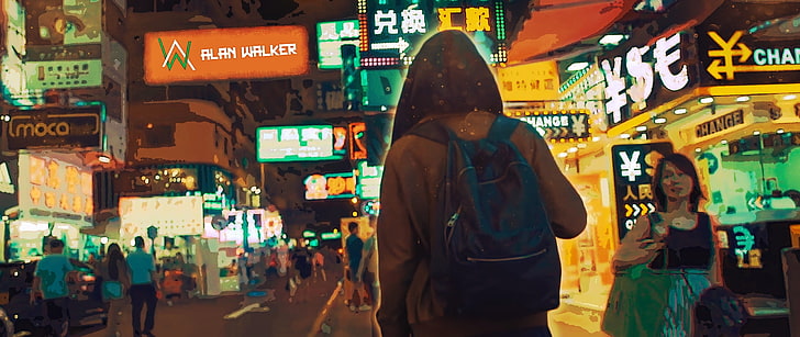 blue backpack, ultra-wide, crowds, Alan Walker, real people, city, HD wallpaper