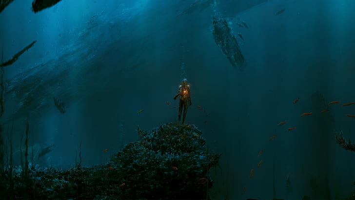underwater, artwork, fantasy art, dark, sea, HD wallpaper