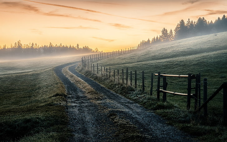 nature, landscape, sky, mist, sunrise, morning, dirt road, fence, HD wallpaper