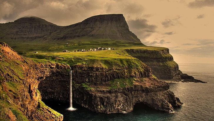 anime, Faroe Islands, Gasadalur, landscape, waterfall, scenics - nature, HD wallpaper