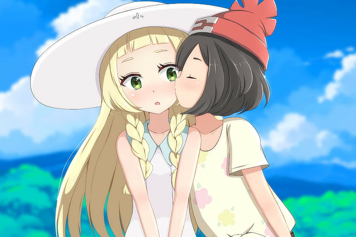 Hd Wallpaper Anime Girls Kissing Lillie Pokemon Sunandmoon