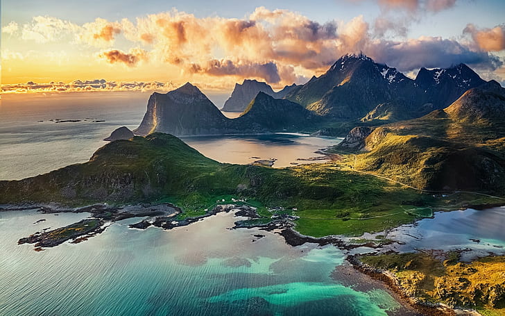 cliff, midnight, island, beach, clouds, Norway, sea, landscape, HD wallpaper