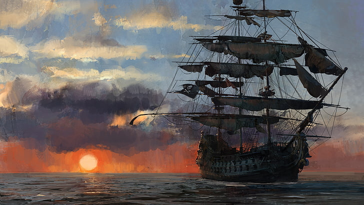 galleon ship, game, pirate, sunset