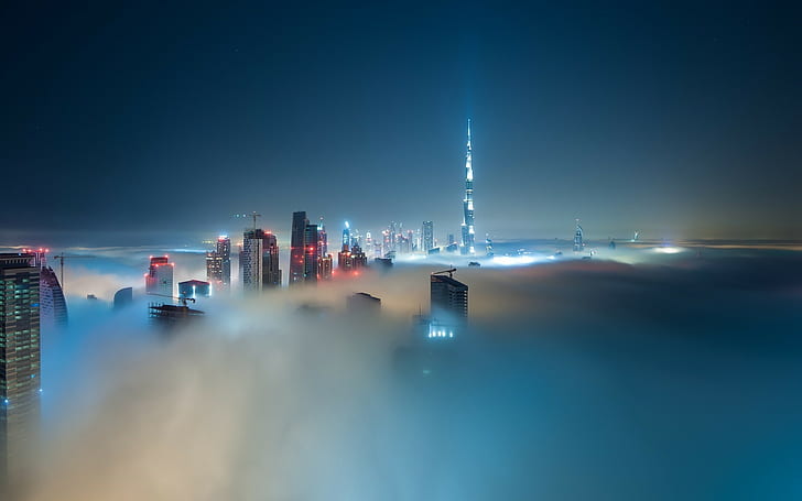 mist, skyscraper, night, city, Burj Khalifa, clouds, building