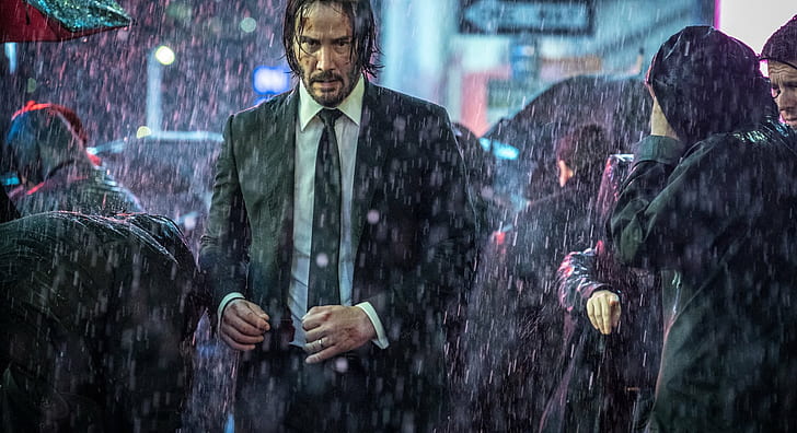 John Wick, rain, crowds, movies, Keanu Reeves, white, digital art