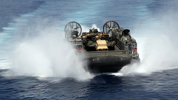 black carrier boat on sea during daytime, hovercraft, LCAC, Assault Craft Unit