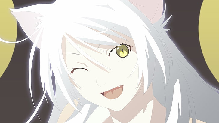 white haired anime character wallpaper, Monogatari Series, nekomimi