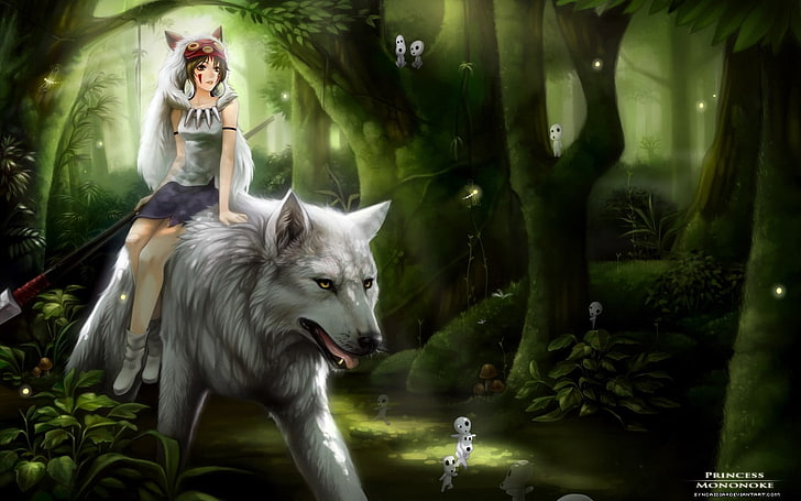 Princess Mononoke digital wallpaper, wolf, forest, fantasy girl, HD wallpaper