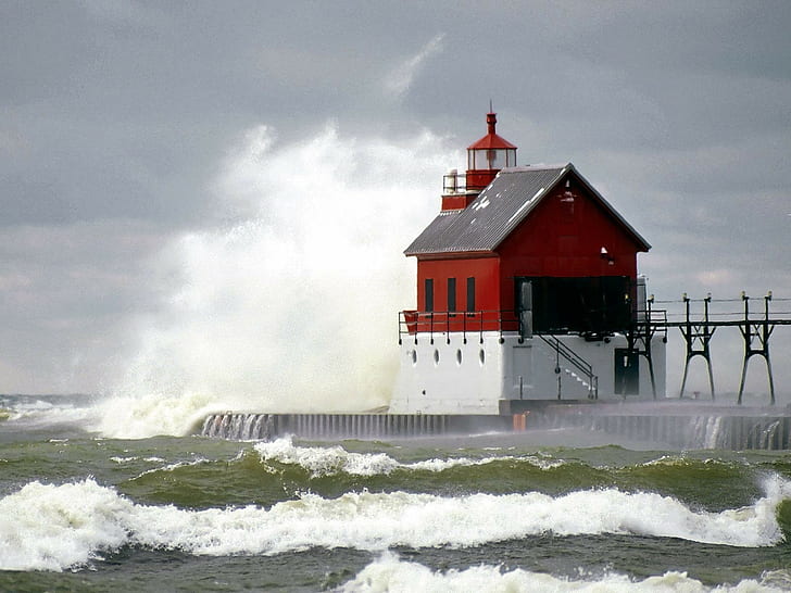 Lighthouse, sea, storm, waves
