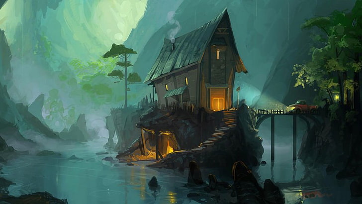 brown house on cliff illustration, oil painting, artwork, fantasy art