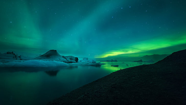 aurora borealis, landscape, mountains, night, lake, aurorae, reflection, HD wallpaper