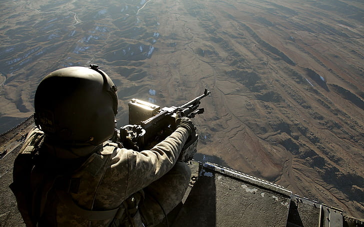 military, weapon, aerial view, camouflage, machine gun, soldier