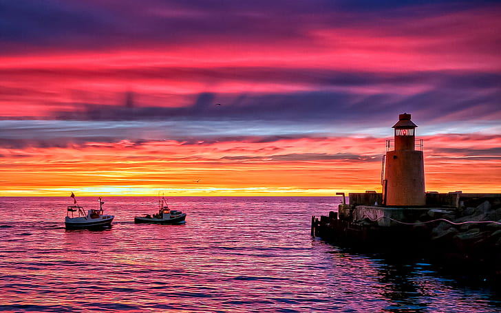 sea, sky, boat, lighthouse, clouds, horizon, HD wallpaper