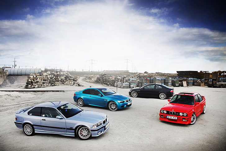 four assorted-color vehicles, BMW, E92, E46, E30, E36, mode of transportation