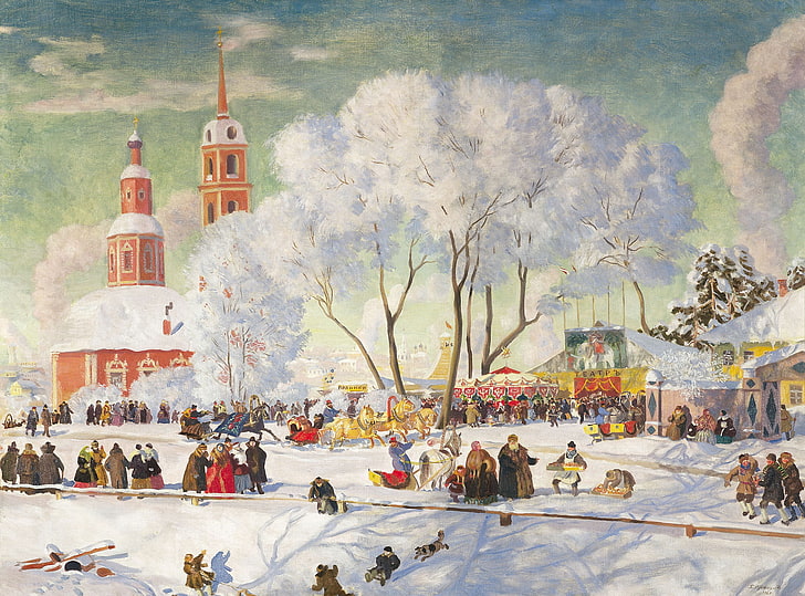 winter, trees, oil, Church, temple, canvas, people, Boris KUSTODIEV, HD wallpaper