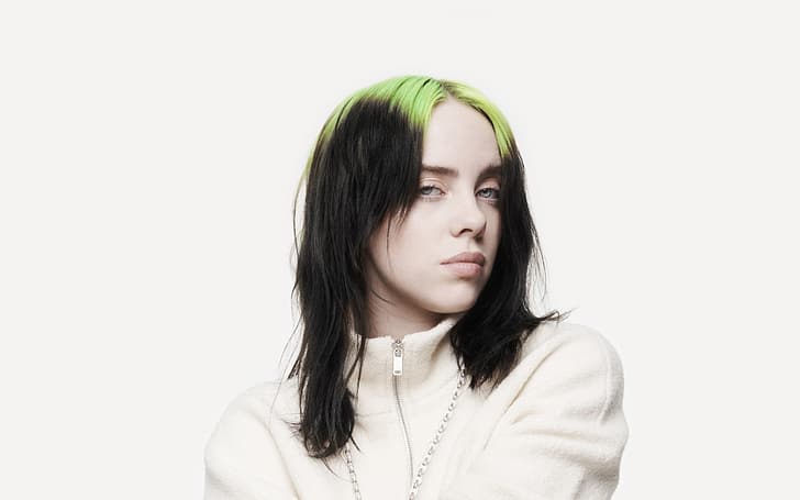 Billie Eilish, simple background, minimalism, green hair, white background