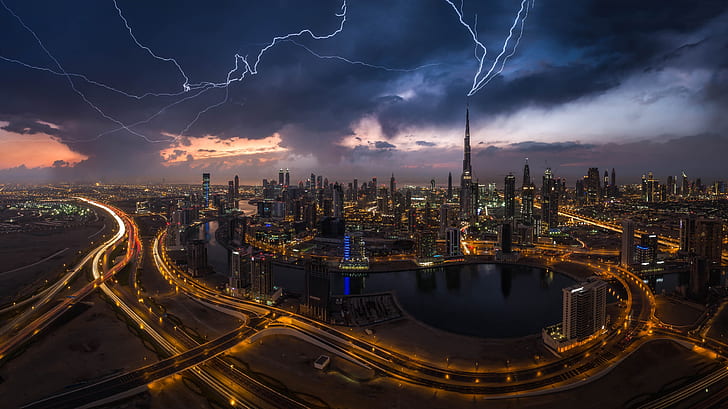 the city, lights, zipper, lightning, the evening, Dubai, UAE, HD wallpaper