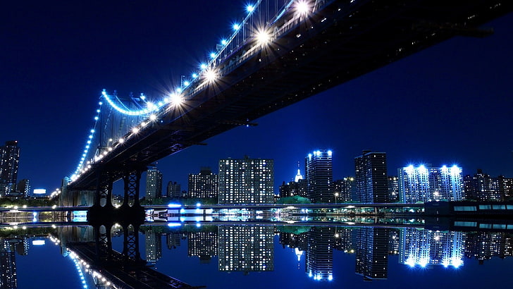 cityscape, bridge, lights, reflection, night, architecture