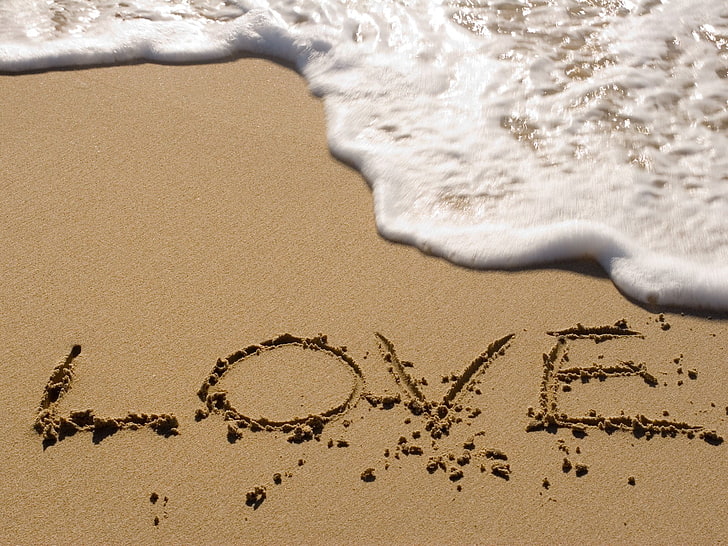 Love signage, beach, sea foam, sand, land, water, surfing, nature, HD wallpaper