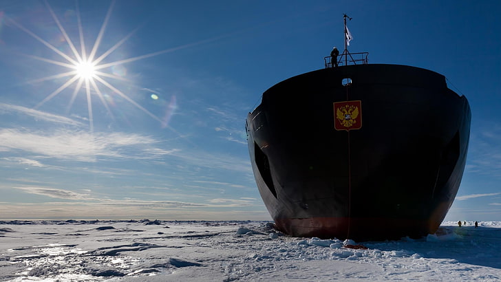 black and brown ship, cargo, shadow, winter, ice, snow, Russian