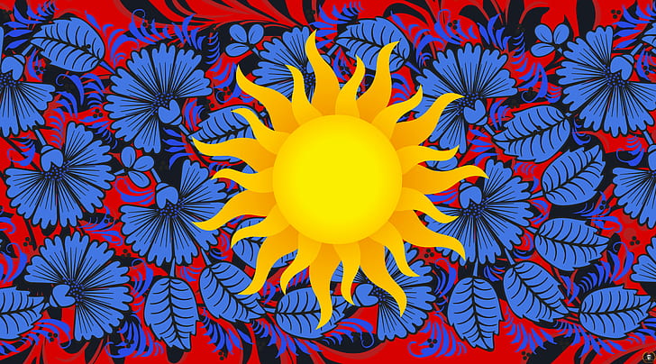 Flowers, The sun, Style, Background, Painting, Art, Khokhloma, HD wallpaper