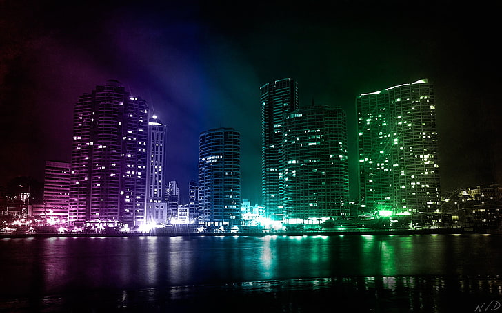 colorful, city, lights, cityscape, night, building exterior