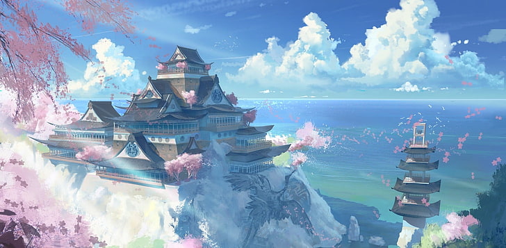 temple and pagoda illustration, anime, Asian architecture, digital art