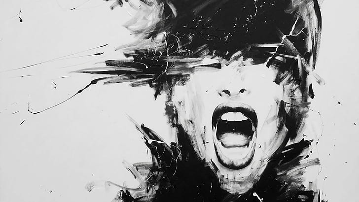 digital art, screaming, women, open mouth, abstract, face