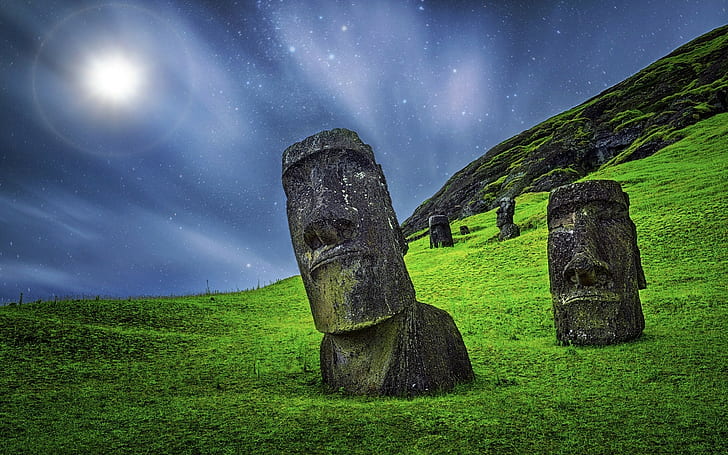 enigma nature landscape moai sculpture starry night grass moonlight easter island rapa nui chile statue stone long exposure, HD wallpaper