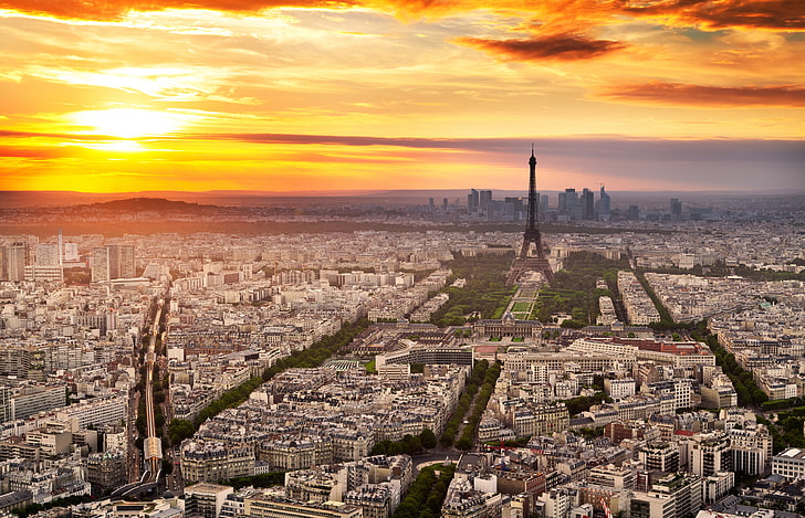 aerial view of Paris, the sky, clouds, sunset, the city, Eiffel tower, HD wallpaper