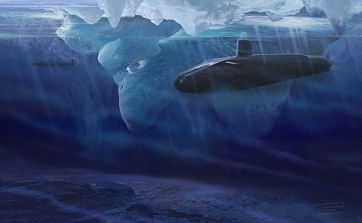 artwork, iceberg, submarine, vehicle, water, sea, nature, frozen