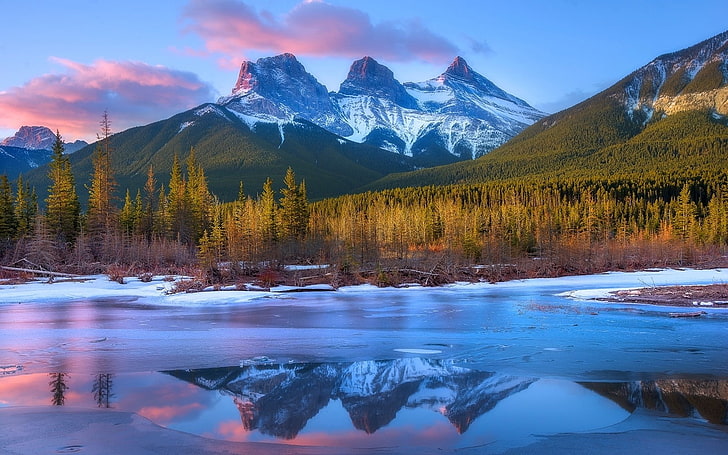 nature, landscape, frost, mountains, forest, sunset, Canada, HD wallpaper