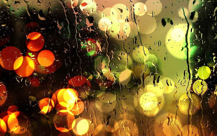 water drops, rain, colorful, lights, full frame, no people, close-up, HD wallpaper