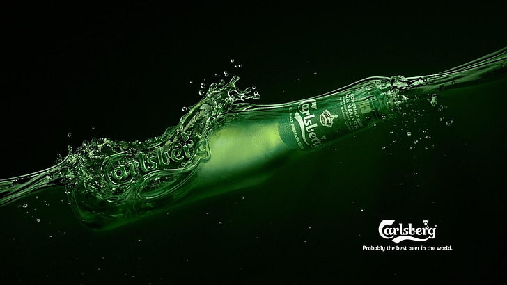 Carlsberg advertisement, beer, bottles, green color, black background