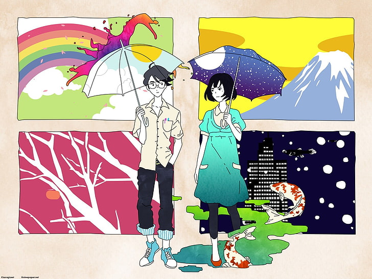 man and woman illustration, The Tatami Galaxy, Akashi, Watashi, HD wallpaper