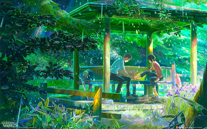 The Garden of Words, rain, Makoto Shinkai, plant, green color, HD wallpaper