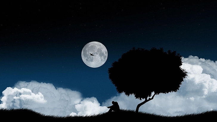alone, sad, lone tree, full moon, sky, cloud, silhouette, lonely tree