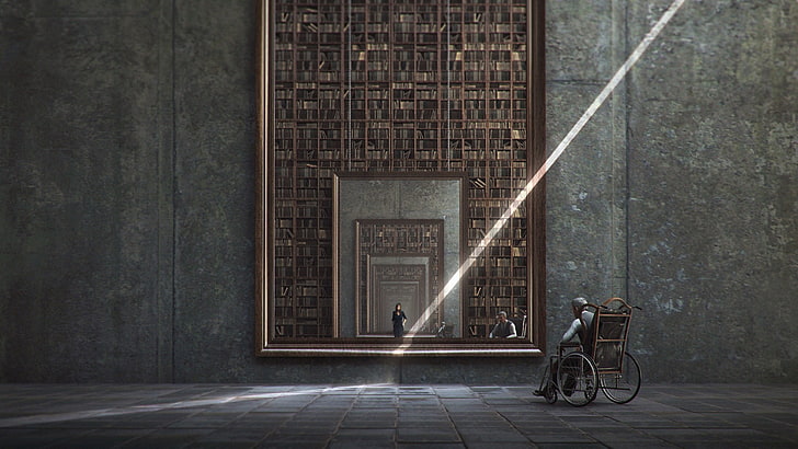 brown and gray wheelchair, mirror, books, reflection, ghosts, HD wallpaper