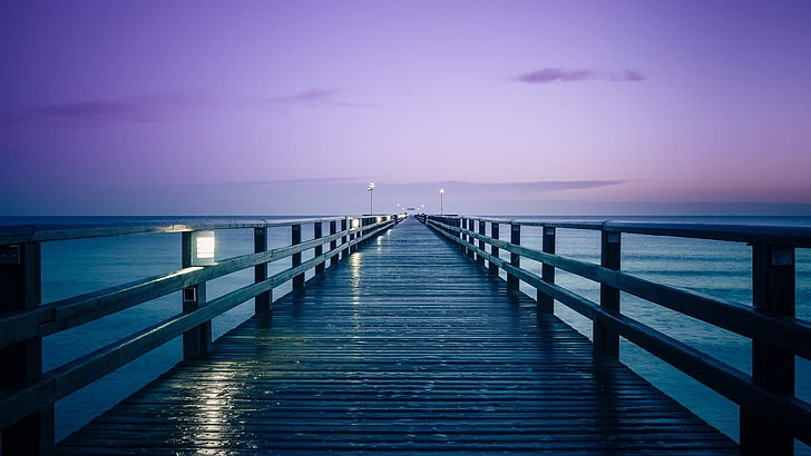 brown wooden bridge on body of water, pier, dock, sea, sky, railing