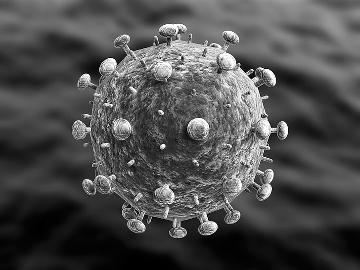 grayscale photo of round molecule, viruses, bacteria, microscopic