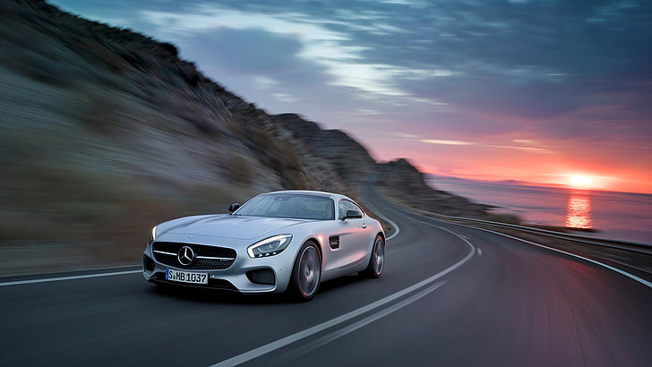 Mercedes-Benz AMG GT, car, road, motion blur, sunset, transportation