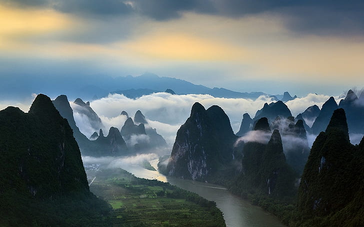 mountains, China, clouds, nature, landscape, river, mist, field, HD wallpaper