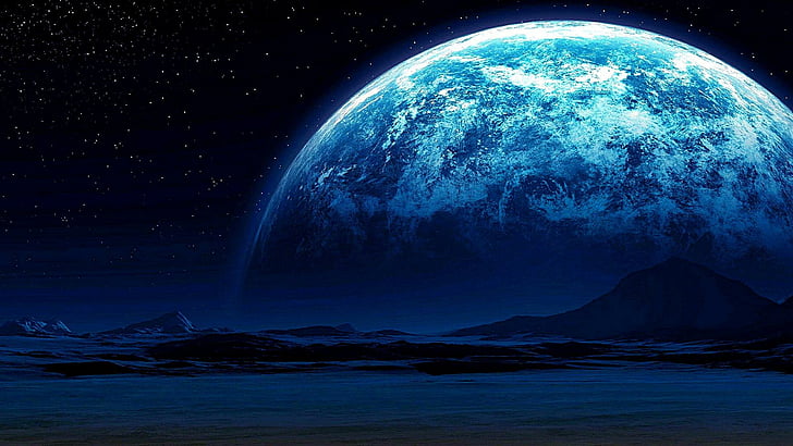 HD wallpaper: blue moon, stars, mountain, starry night, earthlike, sky,  planet | Wallpaper Flare