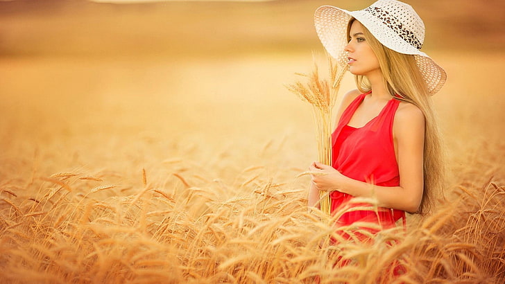 women, blonde, hat, women outdoors, wheat, farm, plants, red dress