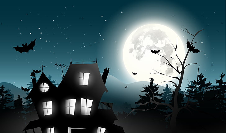 flight of bats over haunted house under full moon, trees, castle