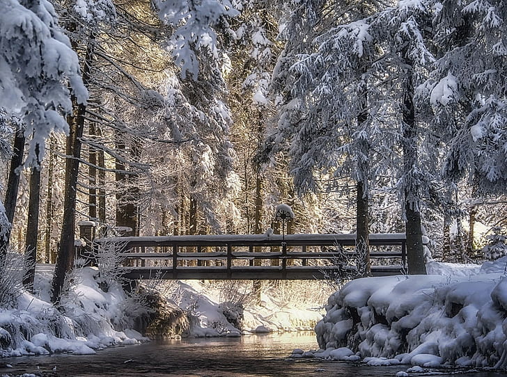 photography, landscape, nature, winter, bridge, river, snow, HD wallpaper